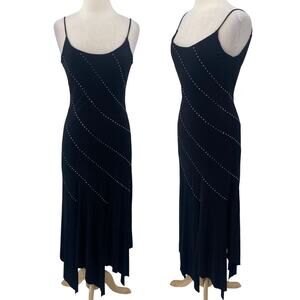 Vintage 90s Rhinestone Embellished Midi Dress Hanky Hem Low Back Black Womens 8